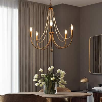 Mid-century Modern 5-Light Chandelier Antique Gold Swing Arms French Country Wood Beads Pendant Lights for Dining Room