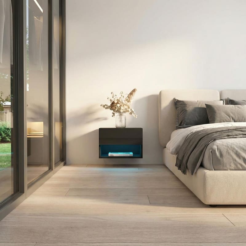 Meble Furniture Air Modern Floating Wall-Mounted Nightstand 19.7"W x 15.7"D x 13.5"H White LED Lighting European Design