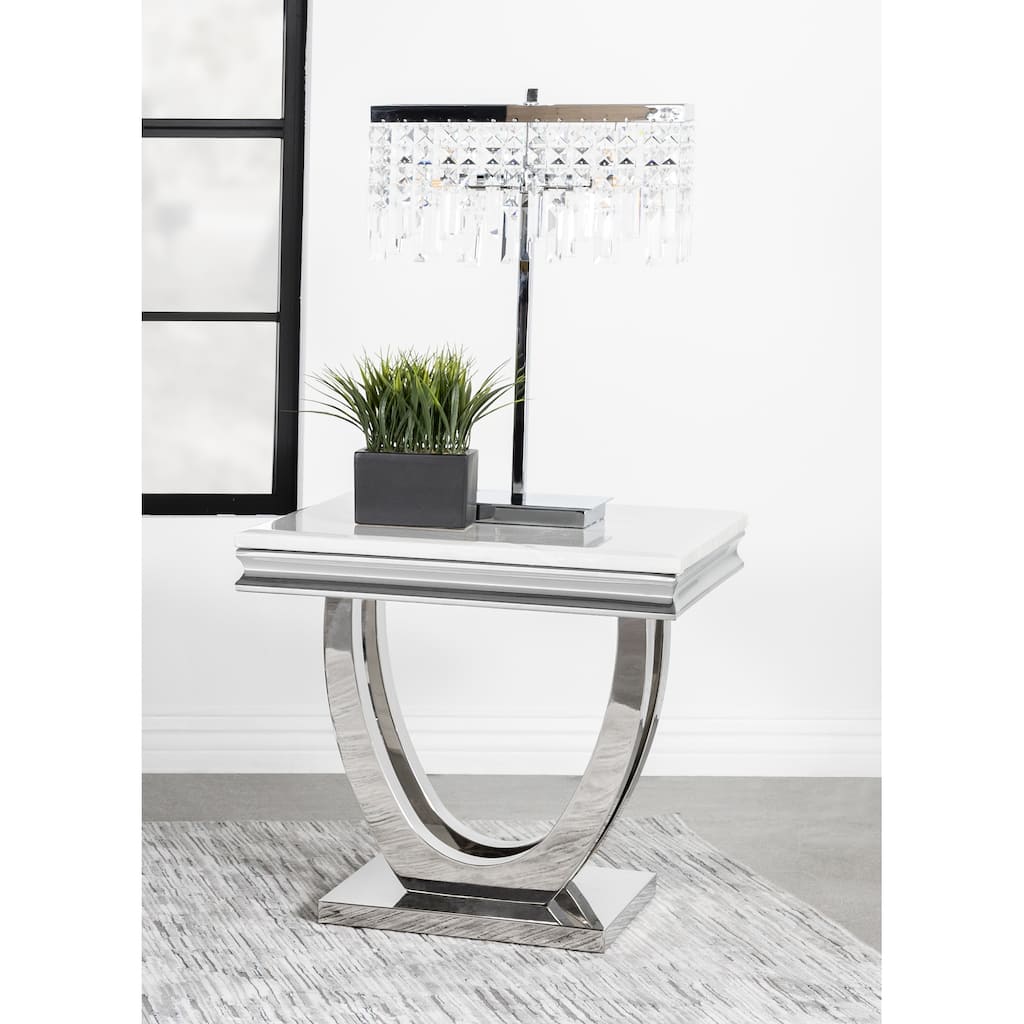 Durante White and Chrome U-Shaped Base Square End Table