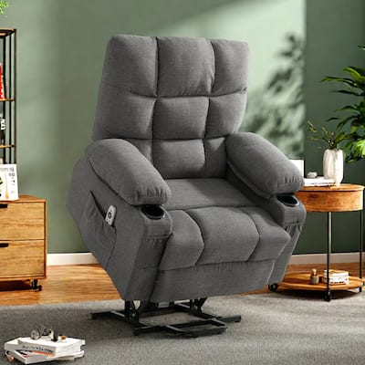 Linen Power Lift Recliner Chair with Massage and Heat, Side Pockets, USB Charge Ports