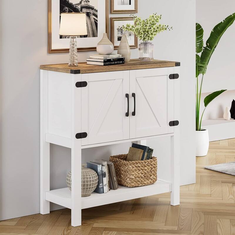 Farmhouse Coffee Bar Cabinet with Barn Doors and Shleves, Accent Foyer Console Table, Kitchen Buffet Sideboard, Sofa Table
