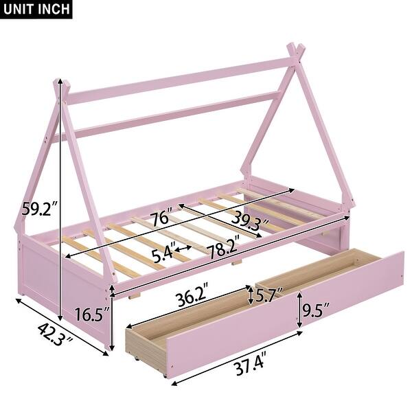 dimension image slide 1 of 2, Twin House Platform Bed with Drawers, Pink, Modern Design