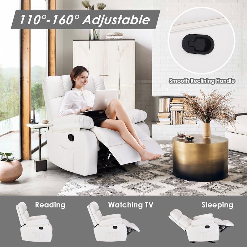 Upholstered Rocker Recliner Chair with Side Pocket, Ergonomic 110°-160°Adjustable Reclining Chairs, Sofa Chair with Footrest