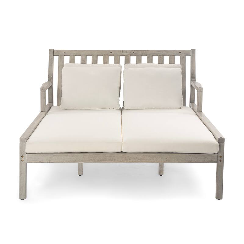 Anmytek Acacia Wood Patio Daybed with Four Pillows and Curved Armrests Outdoor Lounge Bed