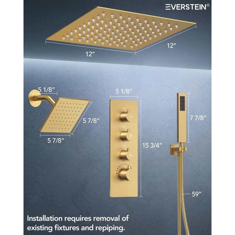 Dual LED Shower Head 12" Rainfall & 6" High Pressure Shower System w/ 4 Way Thermostatic Shower Faucet Set