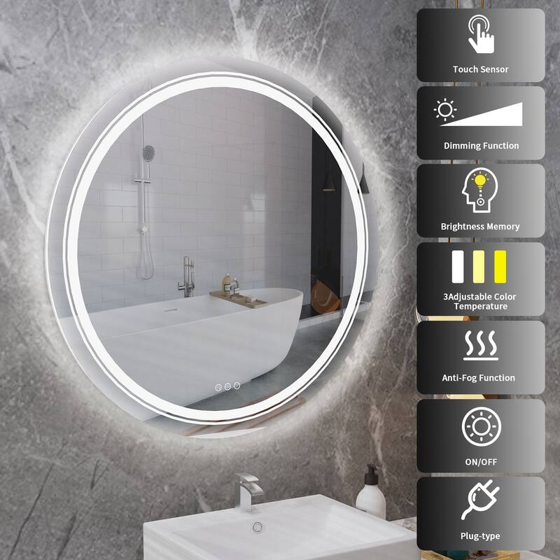 Frameless LED Lighted Round Bathroom Vanity Mirror Dimmable Anti-Fog