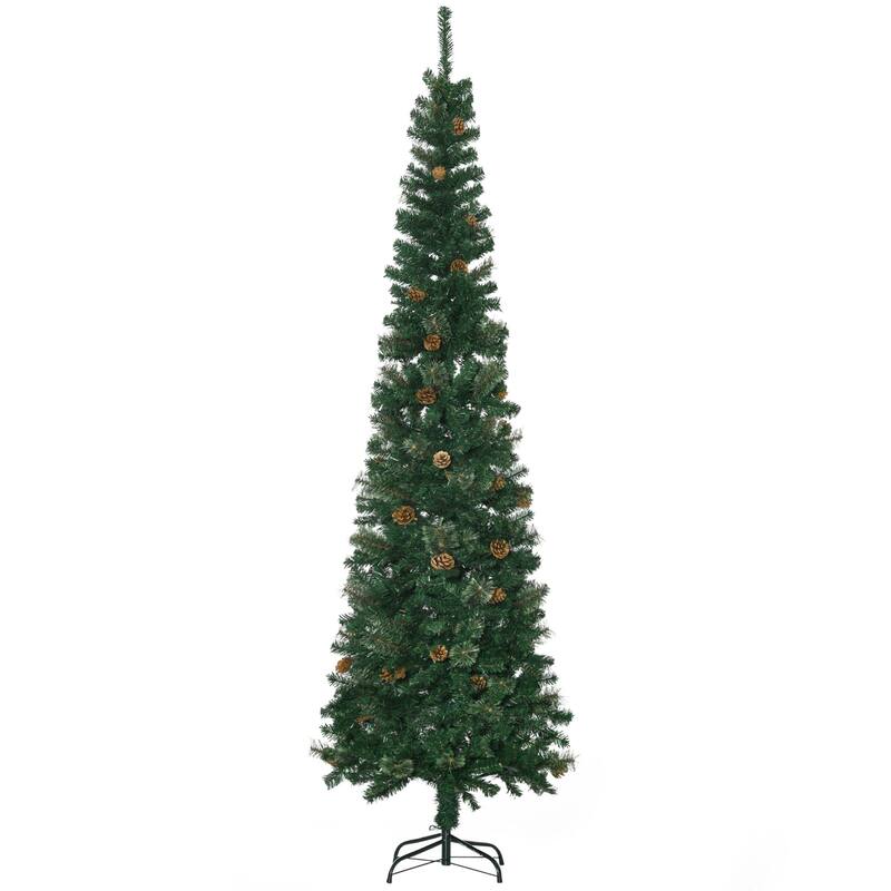 7.5ft Slim Pine Pencil Christmas Tree with Pine Cones, Easy Assembly for Small Spaces - 7.5 Foot - Green