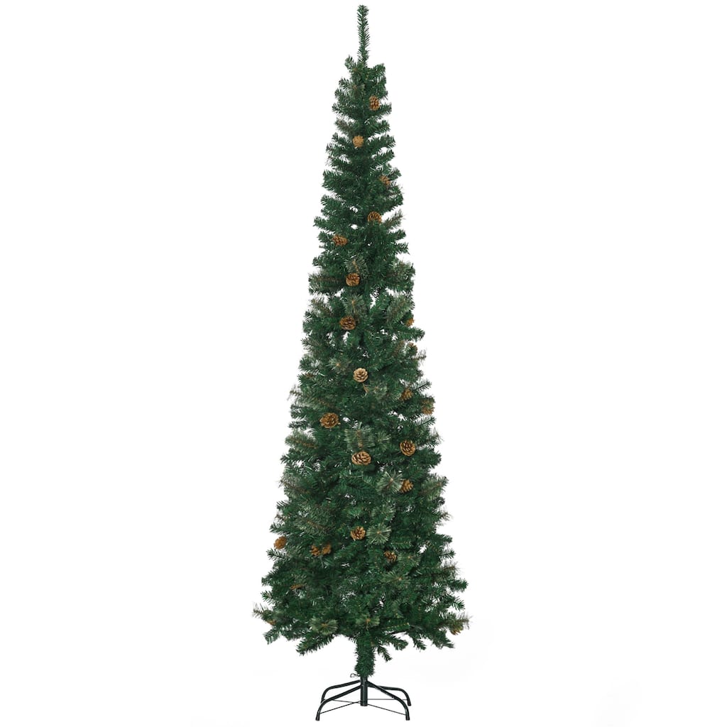 7.5ft Slim Pine Pencil Christmas Tree with Pine Cones, Easy Assembly for Small Spaces