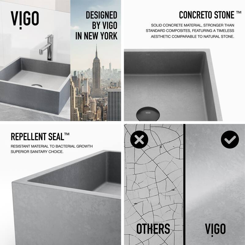VIGO Alhambra 15"L x 15"W Concrete Vessel Sink and Sterling 11"H Faucet Set