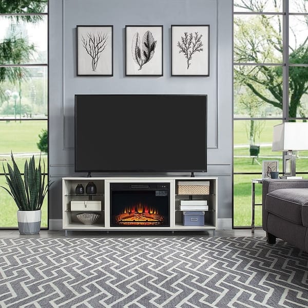 slide 2 of 40, Brighton 60 In. Fireplace Storage Media Console Cabinet Beige