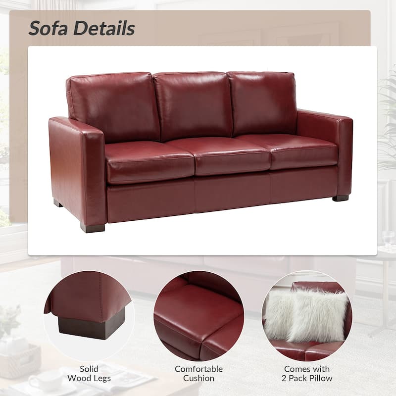Ernando 83.46" Wide Genuine Leather Sofa with Squared Arms and Pillows