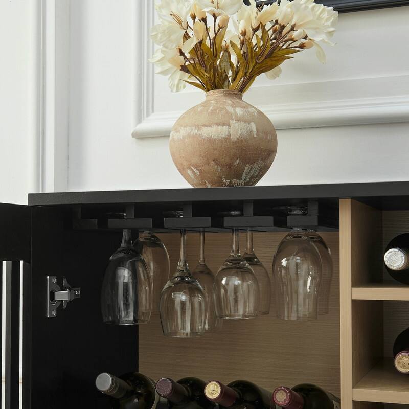 Mid Century Modern Fluted Buffet Cabinet with Wine Glass Holder and Wine Rack