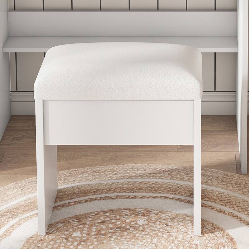 Vanity Desk with Mirror & LED Lights, Makeup Table with Power Outlet, Hairdryer Holder & Stool, Compact Dressing Table Set