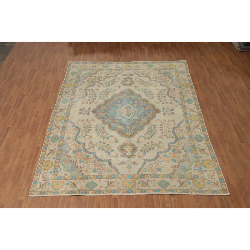 Hand Knotted Oriental 100% Wool Carpet Traditional Floral Beige & Ivories Tabriz Area Rug - 12' 2'' X 9' 7''