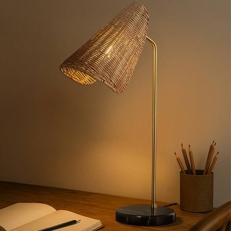 22'' Farmhouse Handwoven Rattan Table Lamp Antique Brass Finish Black Marble Base Rustic Nightstand Lamp For Bedroom Living Room