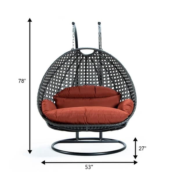 dimension image slide 15 of 16, LeisureMod 2-Person Double Egg Swing Chair - Charcoal Wicker with Metal Stand & Plush Cushions - Modern Outdoor Patio Lounger