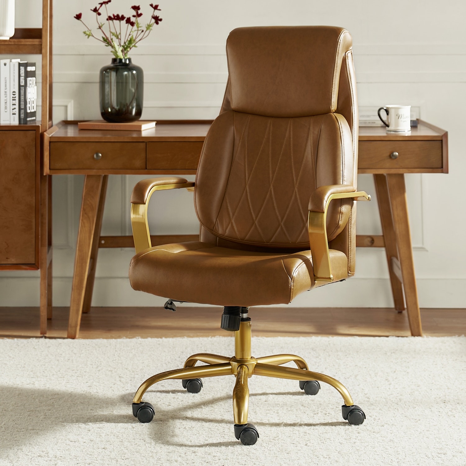 HULALA HOME Jode Mid-century Modern Leather Swivel Ergonomic Office Chair with Lumbar Support