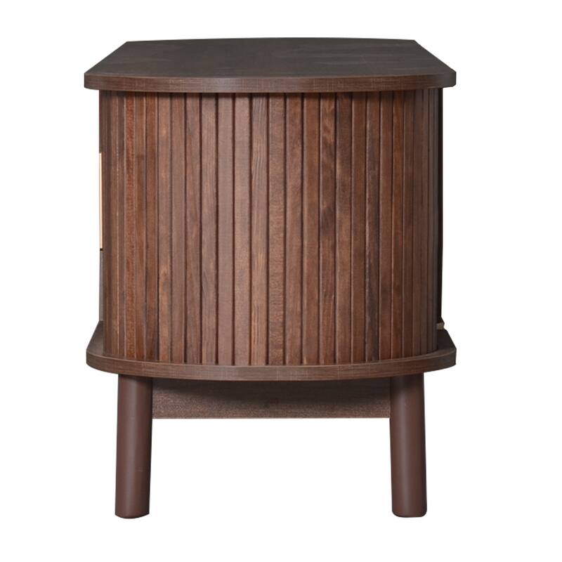 Farmhouse Curved TV Stand Entertainment Center for 75" TVs, Sliding Doors Television Cabinet Dark Brown TV Console Table