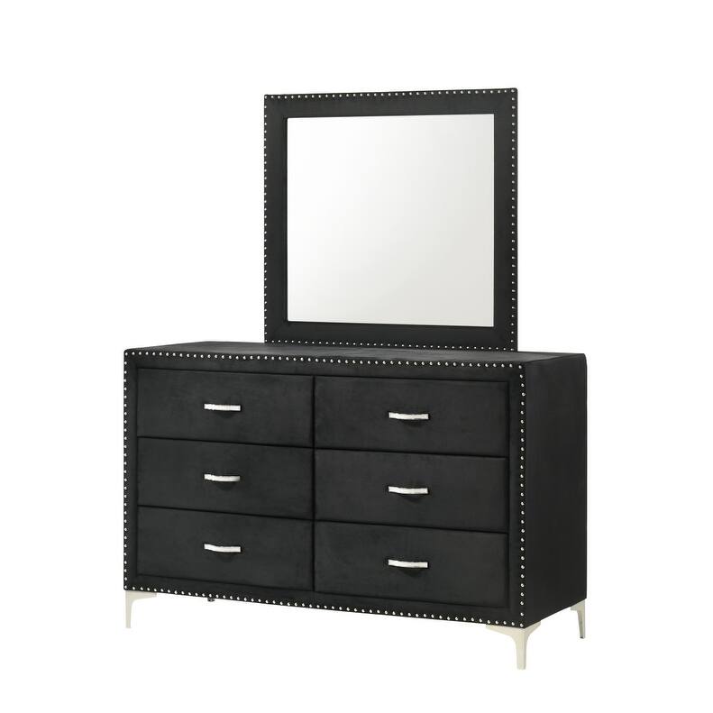 60" Glam Six Drawers Dresser with Fabric Upholstered Tufted Nailhead and Tempered Glass