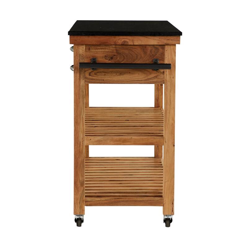 Wood Rolling 4 Drawer and 2 Shelf Kitchen Cart with Black Metal Handles and Marble Top - Brown - Roche River Decor