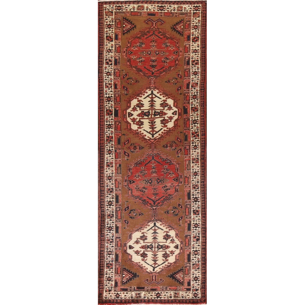 Brown Ardebil Persian Vintage Runner Rug Handmade Wool Carpet - 3'3"x 10'9"
