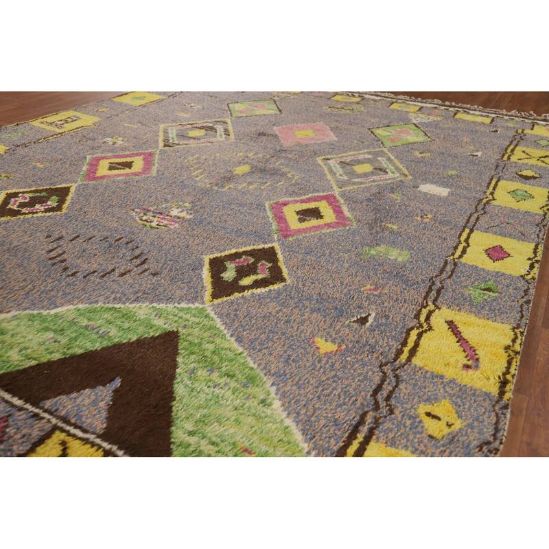 Gray Plush Geometric Moroccan Area Rug Hand-Knotted Wool Carpet - 9'0" x 12'7"