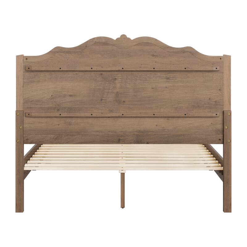 Traditional Solid Wood Bed Frame with Queen/King Size Platform Bed with Headboard for Bedroom