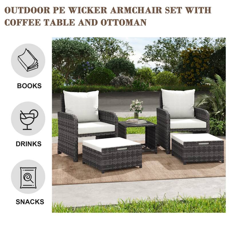 5 Pieces Patio Chair Ottoman Conversation Set with Cushions Table