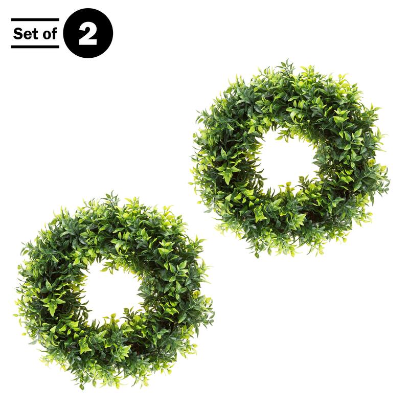 Decorative UV Resistant Boxwood Fall Wreath - 11.5-Inch Round - Set of 2