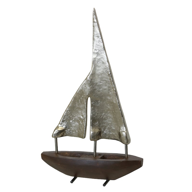 Small Pewter Sails - Natural Stained Wood Base Boat Sculpture with Pewter Metal Sails