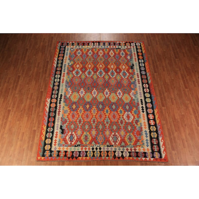 Orange Geometric Kilim Oriental Area Rug Handmade Wool Carpet - 8'7"x 11'3"