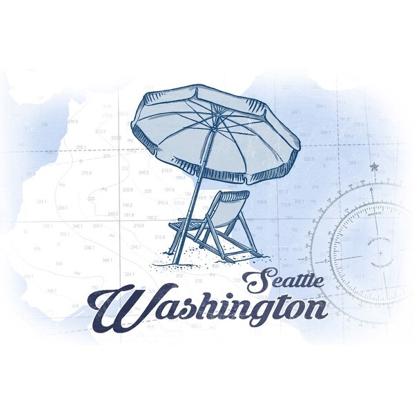 Seattle Washington Beach Chair Umbrella Blue Coastal Icon Lantern Press Artwork Art Print Multiple Sizes Available