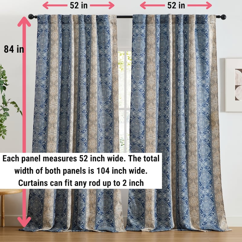 HLC.ME William Boho Damask Striped Window Back Tab Rod Pocket Curtains - Light Blocking Darkening Panels, Set of 2