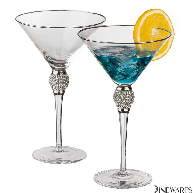 Premium Clear Stem Crystal Martini Glasses with Rim and Diamond-like Rhinestones, Elegant 10oz Glassware Set for Cosmopolitan - Silver - 2 Piece
