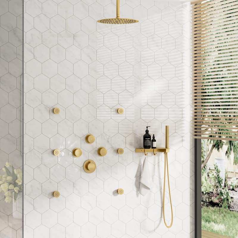 CASAINC Thermostatic 12 inch Rainfall Showerhead with Handheld Spray & 6 Body Jets Set(Can All Run Together) Rain Shower System