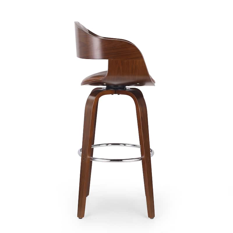 Roomfitters Mid-Century Modern Bentwood Bar Stool with Swivel Faux Leather Seat and Chrome Footrest, Brown