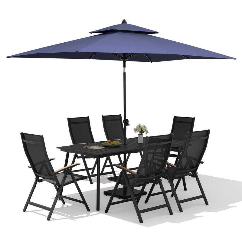 9PC Outdoor Patio Dining Set WoodLike Aluminum Umbrella Hole Table with Folding Chairs,Double Top Market Umbrella and Wheel Base