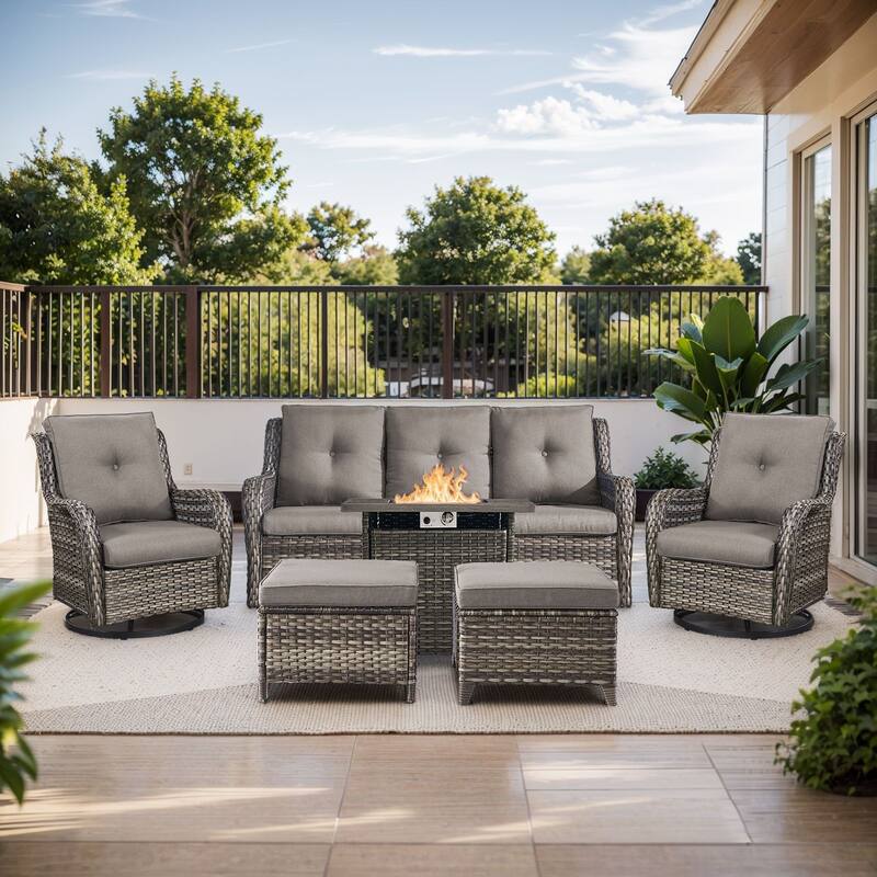 Pocassy Fire Pit Table with Sofa Swivel Chairs Set - Grey Wicker Gray Cushion - 6 Pieces Sofa Chair Ottoman with Fire Table