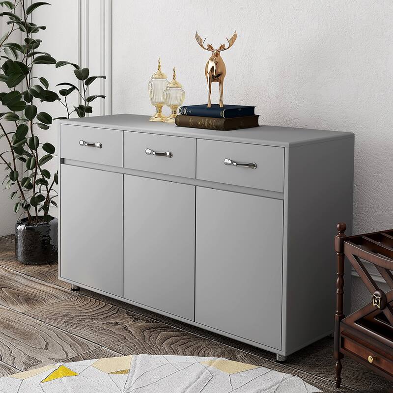 Spacious Storage Cabinet with Metal Drawer Slides, 3 Doors and Shelving for Living Room and Bedroom - Grey