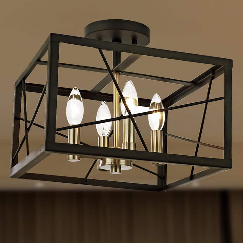 Rinah Matte Black+Brushed Nickel 4-Light Rectangle Metal Cage Semi-Flush Mount