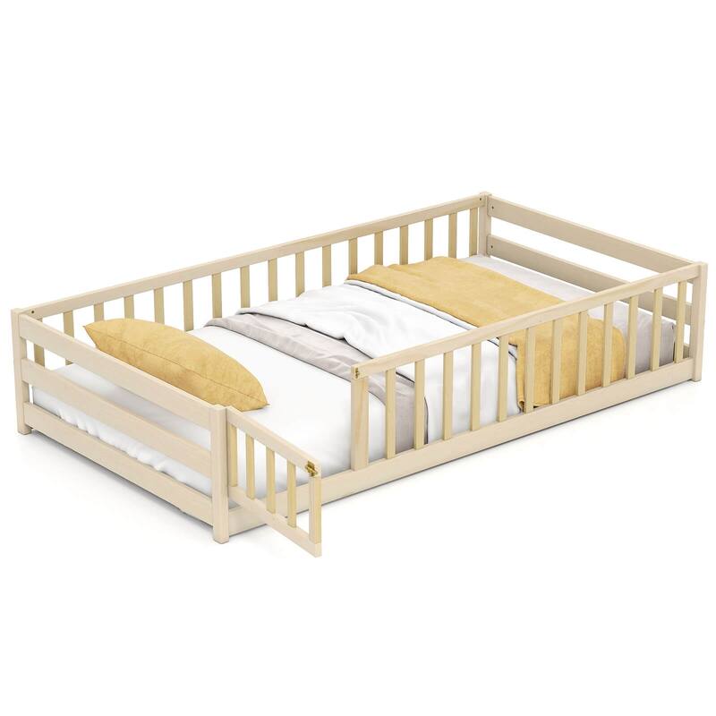 Costway Twin Size Floor Bed with Door & Fence with Safety Guardrails &