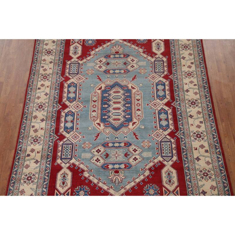 Hand Knotted Oriental 100% Wool Carpet Traditional Geometric Navy Blue & Blues Kazak Area Rug - 9' 6'' X 6' 8''