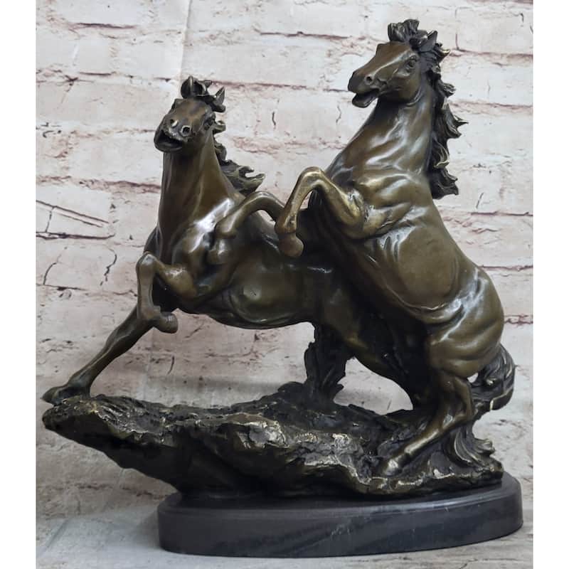 Pair Of Wild Stallion Mustang Imitative Horses Bronze Statue Sculpture Figure Mene 14 Inches X 12 Inches
