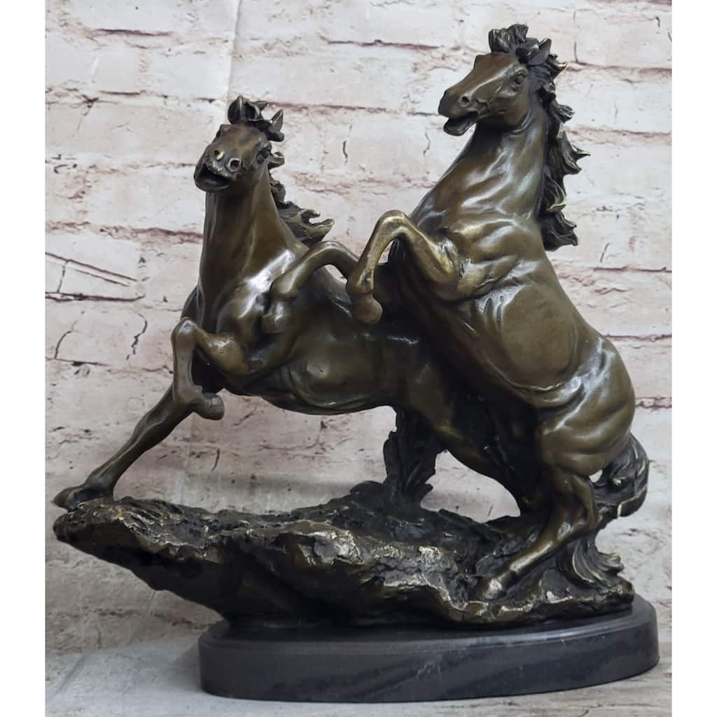 Pair Of Wild Stallion Mustang Imitative Horses Bronze Statue Sculpture Figure Mene 14 Inches X 12 Inches