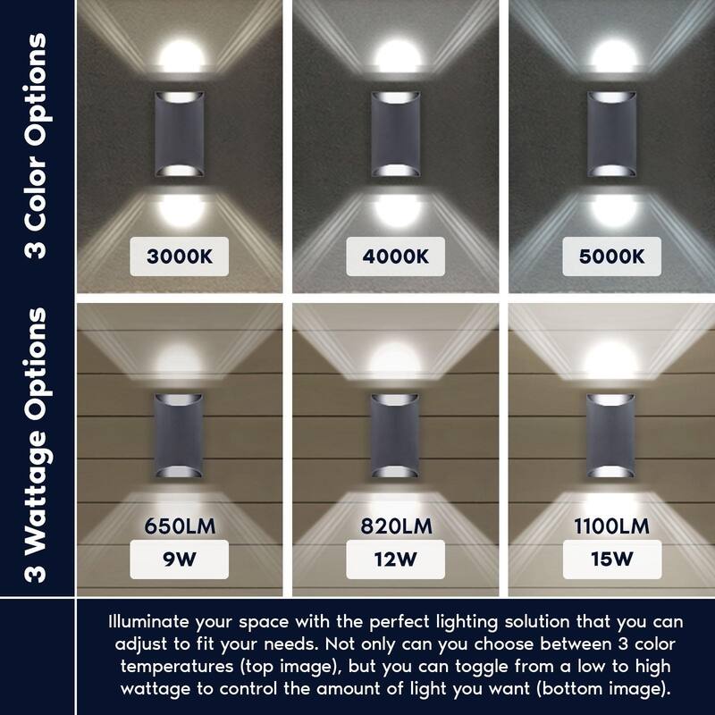 Luxrite LED Outdoor Up and Down Wall Sconce, 9W/12W/15W, 3CCT 3000K-5000K, IP65, 8" Half Cylinder Aluminum, ETL