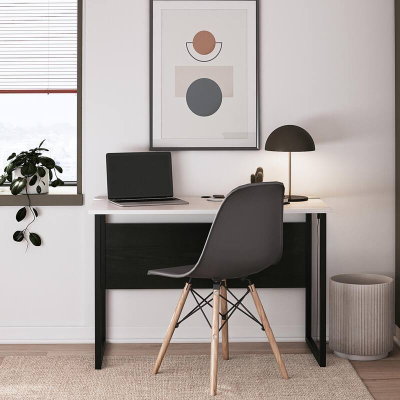 Anmytek White Modern Home Office Desk Large Surface Black Metal Legs U Shape Study Writing Workspace