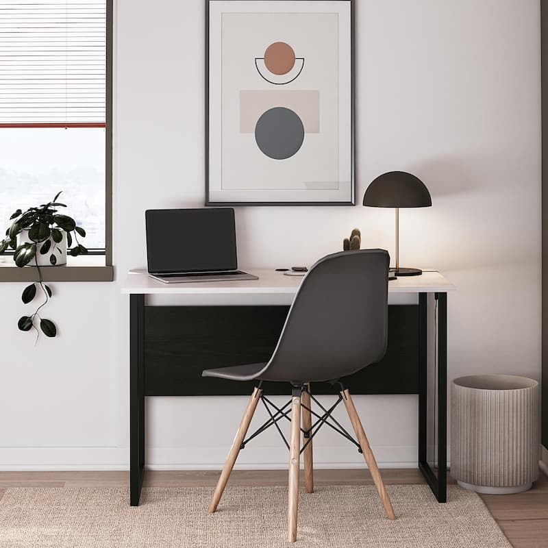 Roomfitters Sorina Writing Desk with U-Shaped Metal Legs and Two-Tone Finish, White and Light Oak - White + Light Oak