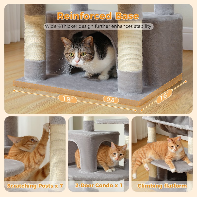 64.5" Cat Tree with Sisal-Covered Scratching Posts, 2 Padded Perch, Dual Condo and Basket