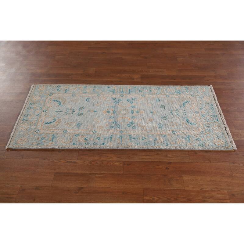 Light Blue Oushak Vegetable Dye Accent Rug Handmade Wool Carpet - 1'11"x 4'0"
