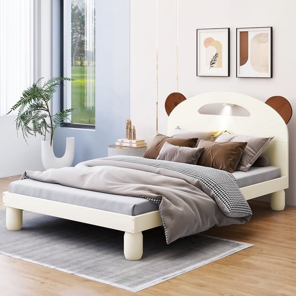 slide 2 of 16, Cute Full/Twin Size Platform Bed with Bear Ears Headboard, LED Light, Solid Wood Construction, Easy Assembly Twin - Cream White